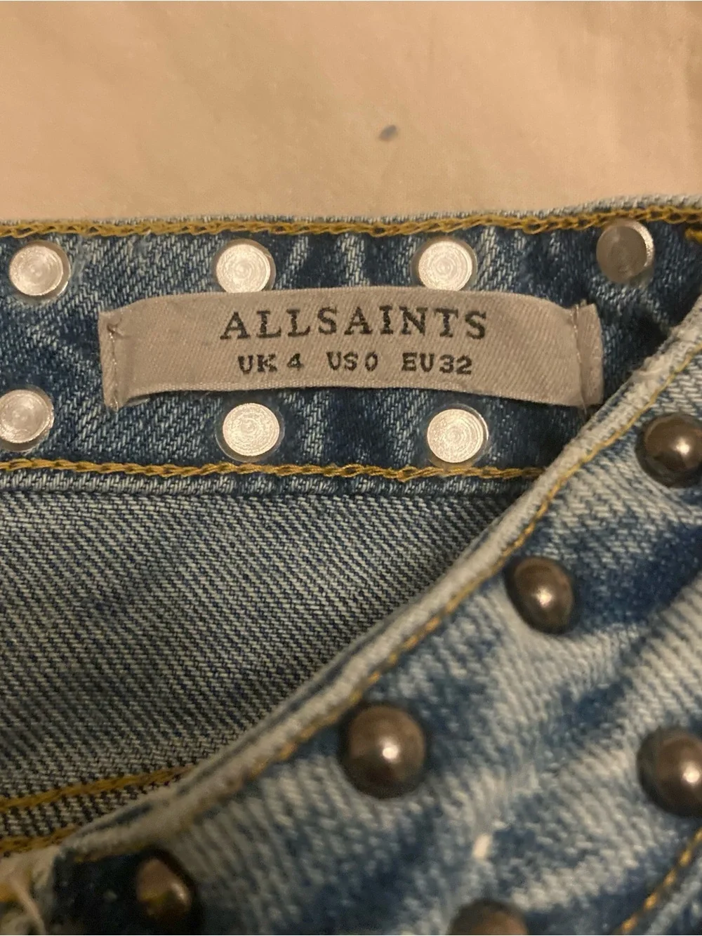 All Saints Studded Blue Denim Mini Skirt size US 0